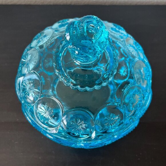 Westmoreland Glass Covered Candy Dish // Moon and Stars Pattern // Aqua Blue - Picture 5 of 9